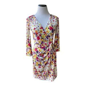 Jessica Simpson White Pink Faux Wrap Dress Contemporary Size 4 3/4 Sleeves EUC